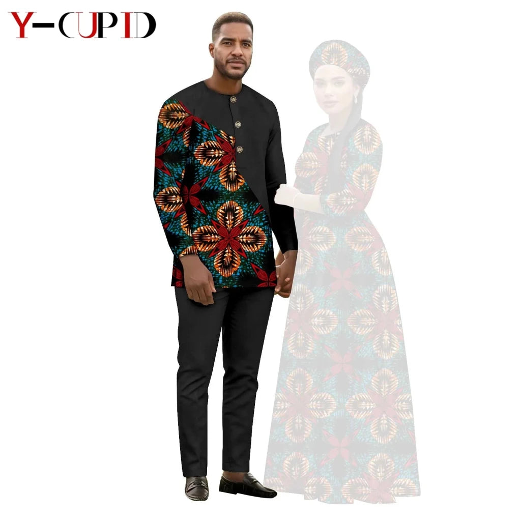 African Print Couple Outfit Set – Women’s Long Tutu Dress & Men’s Dashiki Suit Top and Pants - Free Delivery Worldwide only at Flexi Africa