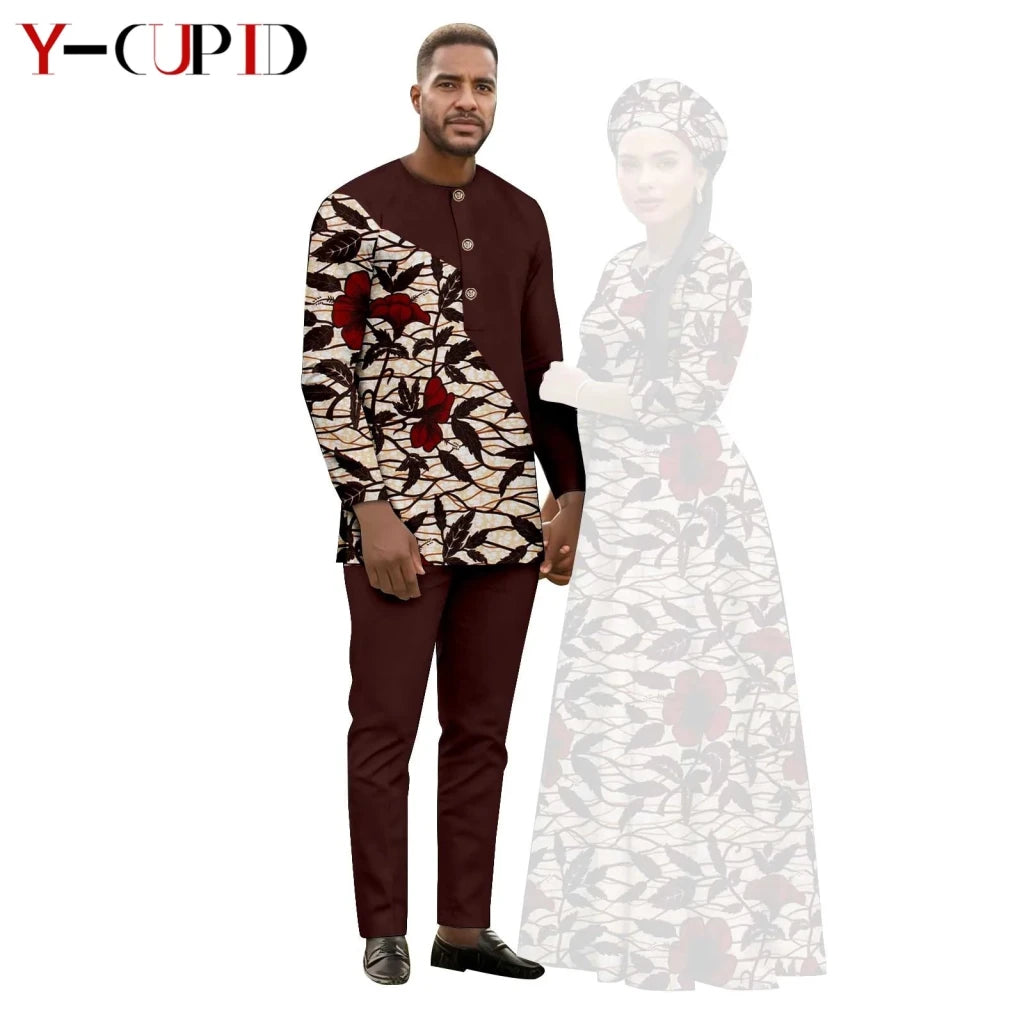 African Print Couple Outfit Set – Women’s Long Tutu Dress & Men’s Dashiki Suit Top and Pants - Free Delivery Worldwide only at Flexi Africa