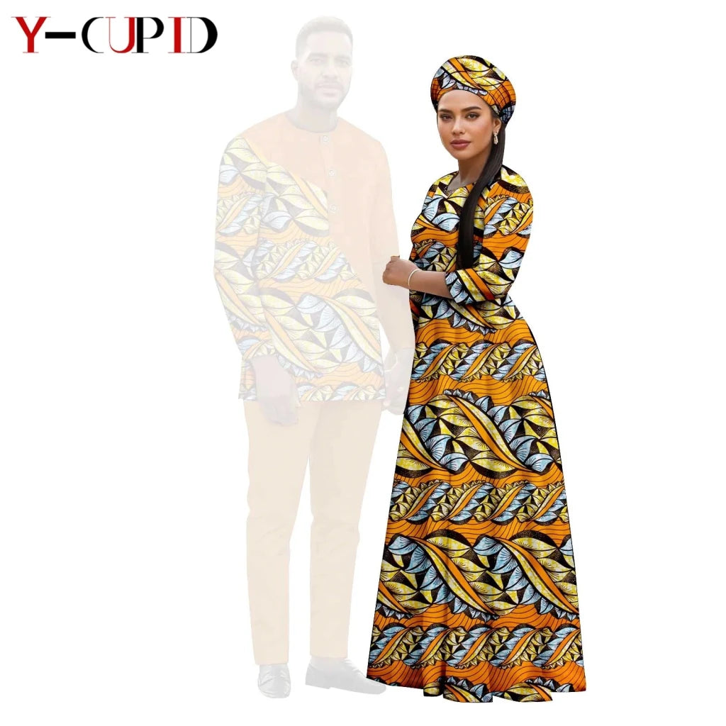 African Print Couple Outfit Set – Women’s Long Tutu Dress & Men’s Dashiki Suit Top and Pants - Free Delivery Worldwide only at Flexi Africa