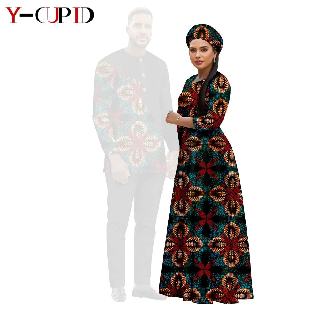 African Print Couple Outfit Set – Women’s Long Tutu Dress & Men’s Dashiki Suit Top and Pants - Free Delivery Worldwide only at Flexi Africa