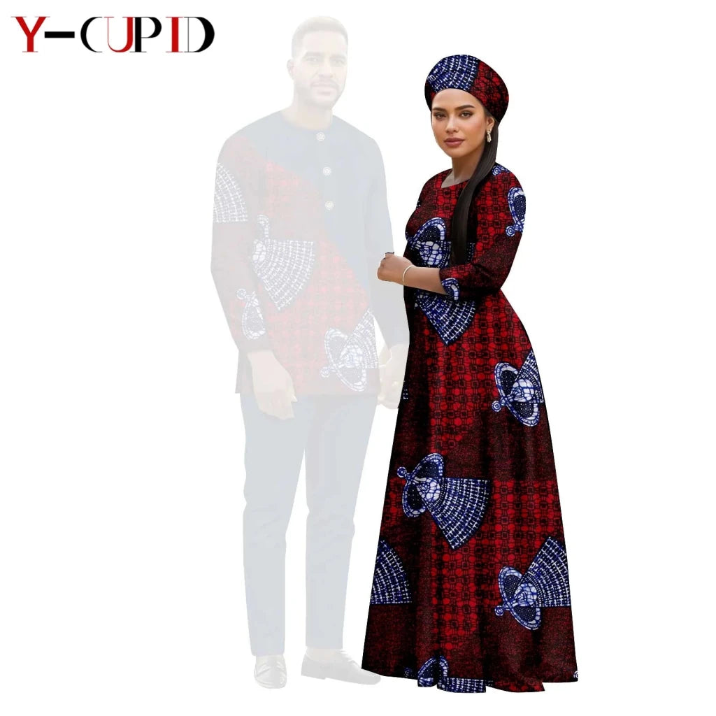 African Print Couple Outfit Set – Women’s Long Tutu Dress & Men’s Dashiki Suit Top and Pants - Free Delivery Worldwide only at Flexi Africa
