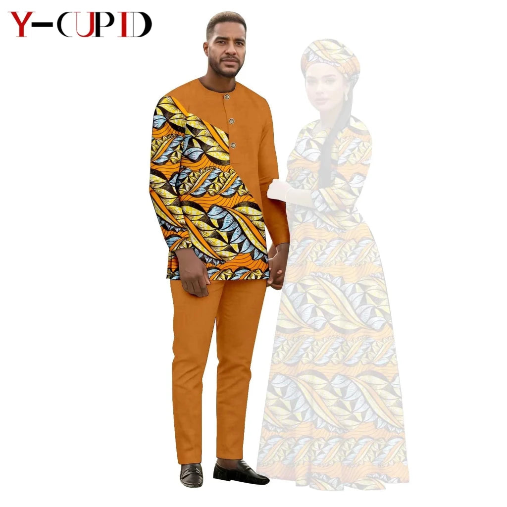 African Print Couple Outfit Set – Women’s Long Tutu Dress & Men’s Dashiki Suit Top and Pants - Free Delivery Worldwide only at Flexi Africa