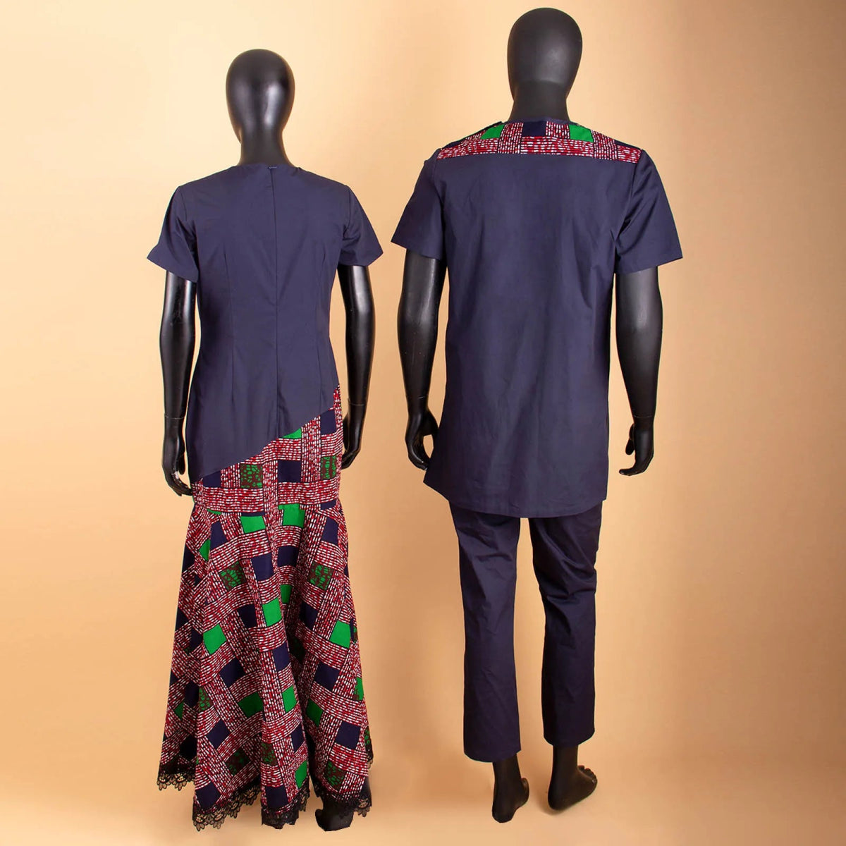 African Print Couple Set – Women’s Lace Dress Paired with Men’s Dashiki Shirt and Pants - Free Delivery Worldwide only at Flexi Africa
