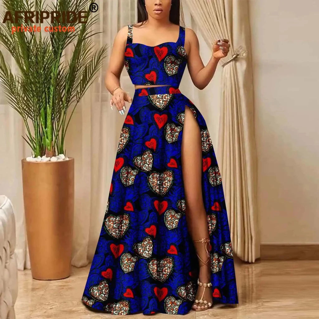 African Print Crop Top and Maxi Skirt Set – Women’s 2PC Ankara Outfit, Traditional Party Wear - Free Delivery Worldwide only at Flexi Africa
