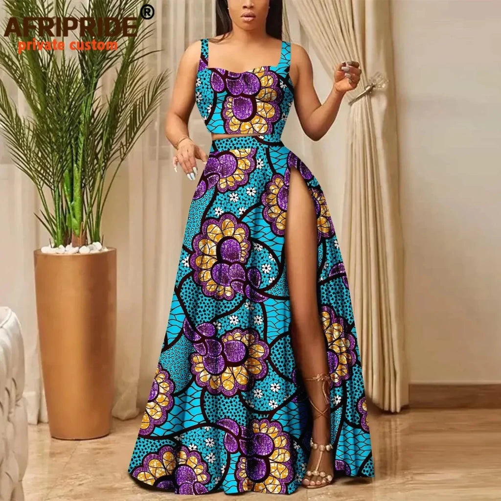 African Print Crop Top and Maxi Skirt Set – Women’s 2PC Ankara Outfit, Traditional Party Wear - Free Delivery Worldwide only at Flexi Africa