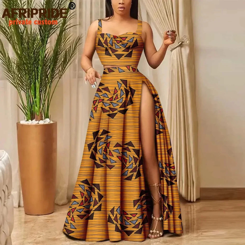 African Print Crop Top and Maxi Skirt Set – Women’s 2PC Ankara Outfit, Traditional Party Wear - Free Delivery Worldwide only at Flexi Africa