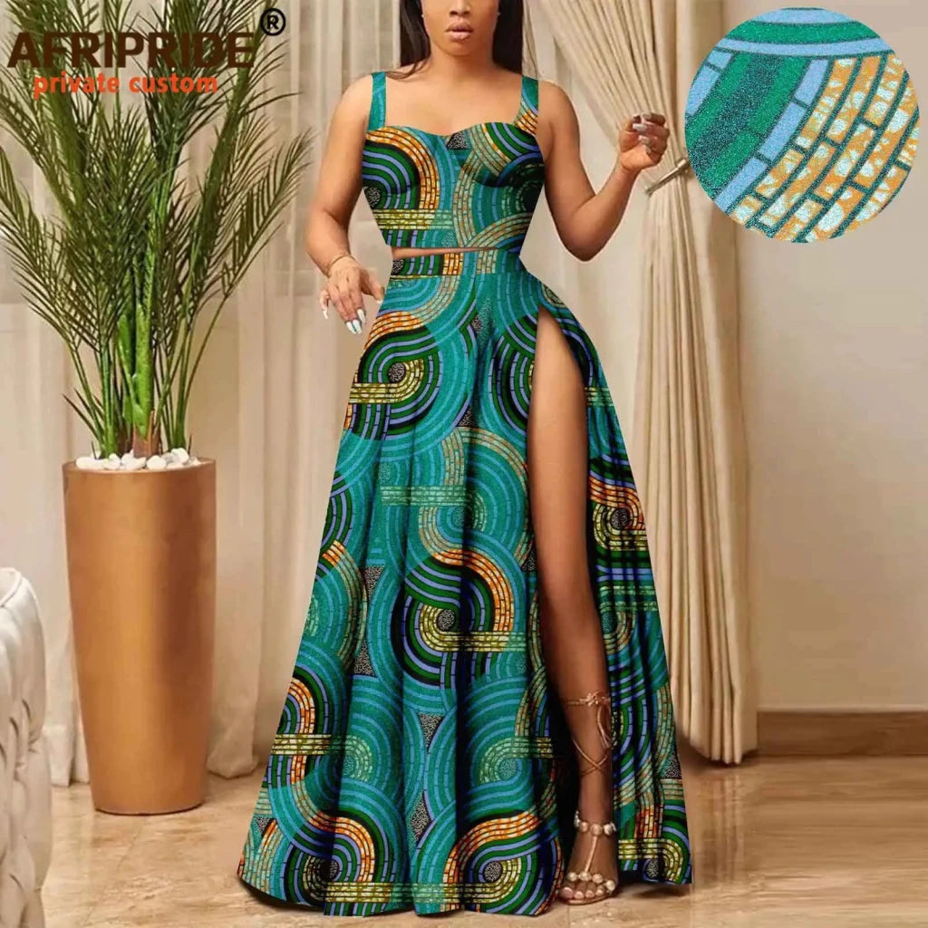 African Print Crop Top and Maxi Skirt Set – Women’s 2PC Ankara Outfit, Traditional Party Wear - Free Delivery Worldwide only at Flexi Africa
