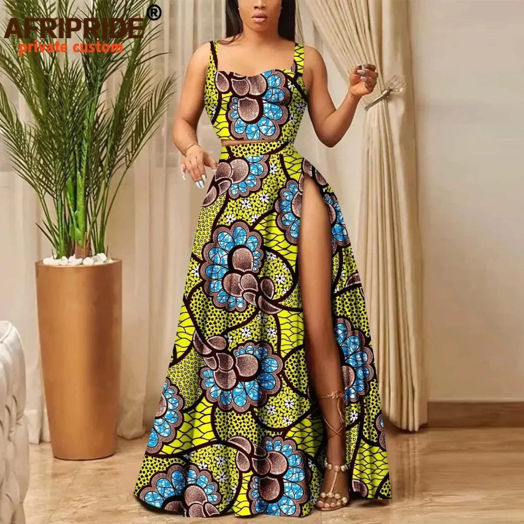 African Print Crop Top and Maxi Skirt Set – Women’s 2PC Ankara Outfit, Traditional Party Wear - Free Delivery Worldwide only at Flexi Africa