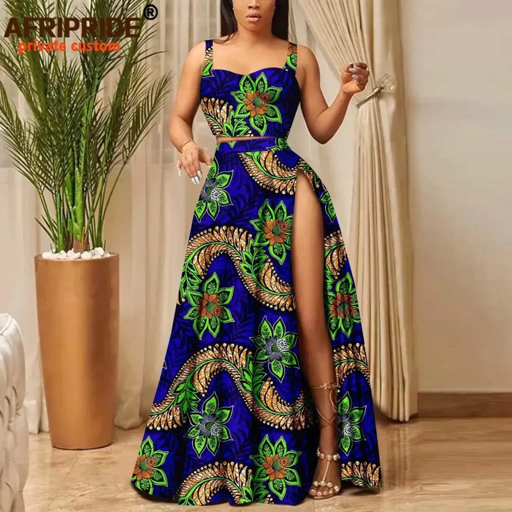 African Print Crop Top and Maxi Skirt Set – Women’s 2PC Ankara Outfit, Traditional Party Wear - Free Delivery Worldwide only at Flexi Africa