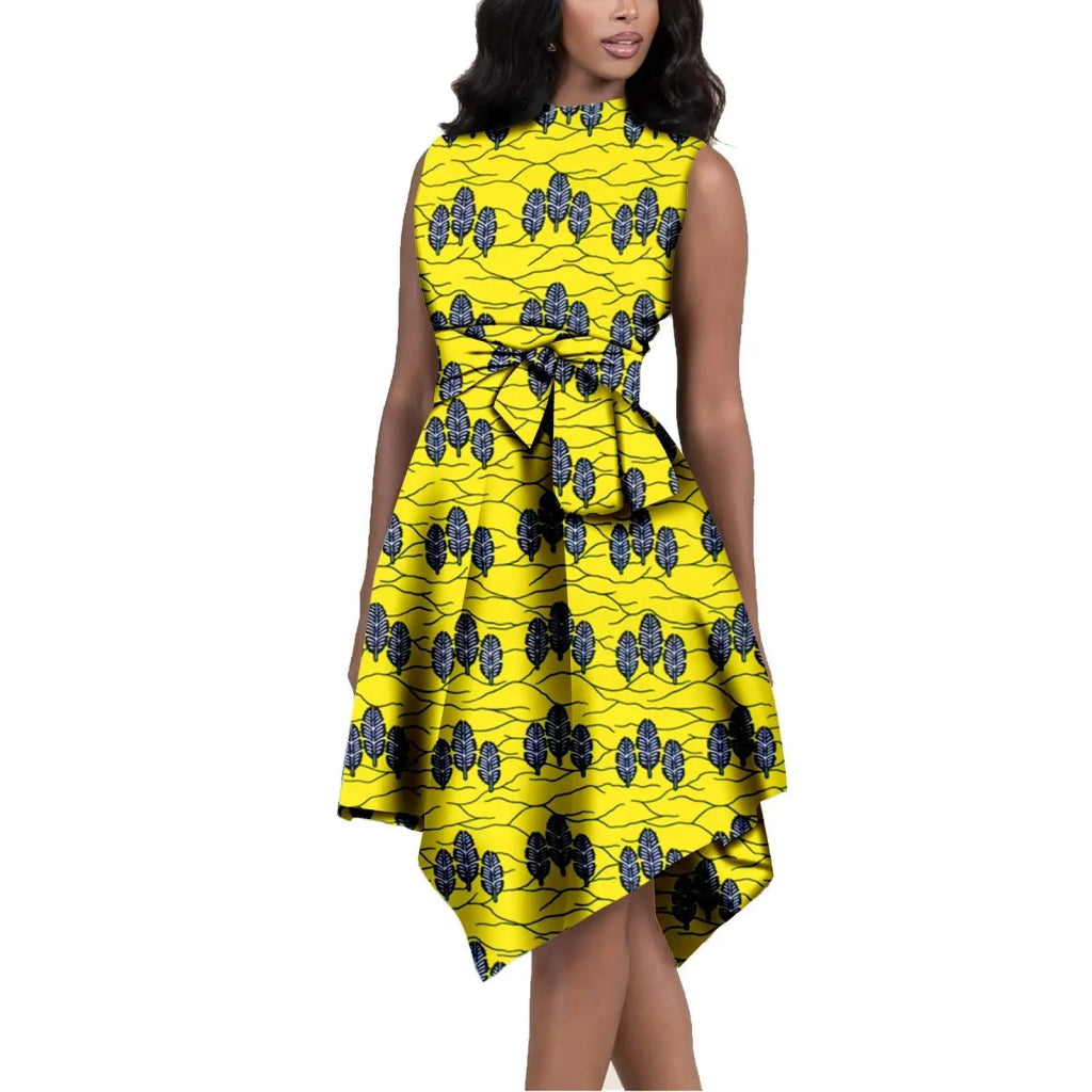 African Print Dresses for Women – Sleeveless Dashiki Ankara Knee Dress with Belt - Free Delivery Worldwide only at Flexi Africa