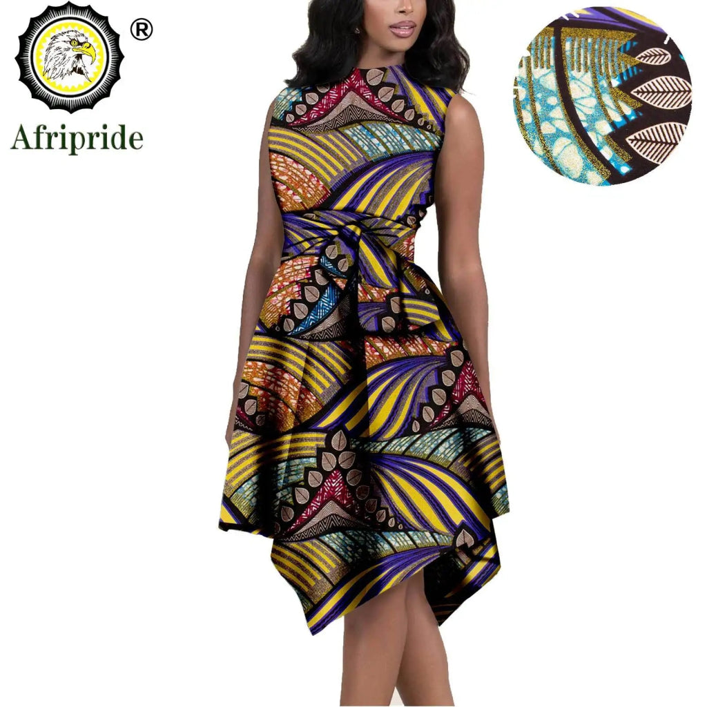 African Print Dresses for Women – Sleeveless Dashiki Ankara Knee Dress with Belt - Free Delivery Worldwide only at Flexi Africa