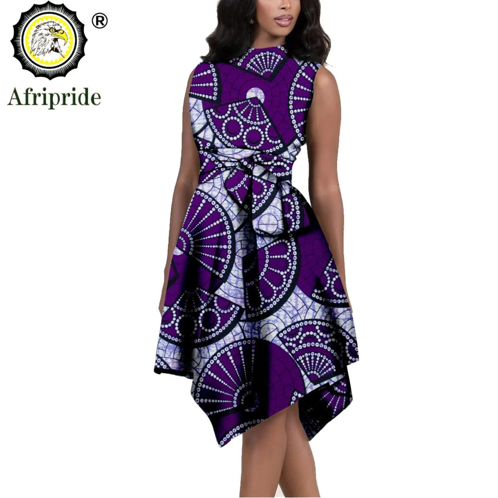 African Print Dresses for Women – Sleeveless Dashiki Ankara Knee Dress with Belt - Free Delivery Worldwide only at Flexi Africa