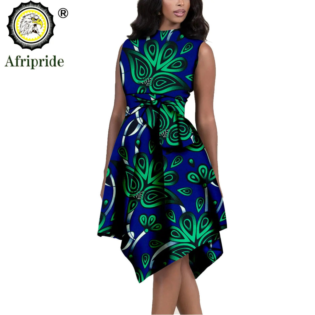 African Print Dresses for Women – Sleeveless Dashiki Ankara Knee Dress with Belt - Free Delivery Worldwide only at Flexi Africa