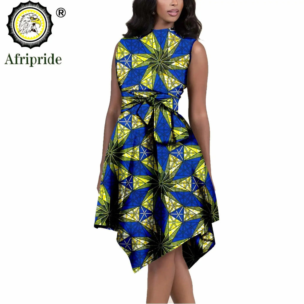 African Print Dresses for Women – Sleeveless Dashiki Ankara Knee Dress with Belt - Free Delivery Worldwide only at Flexi Africa