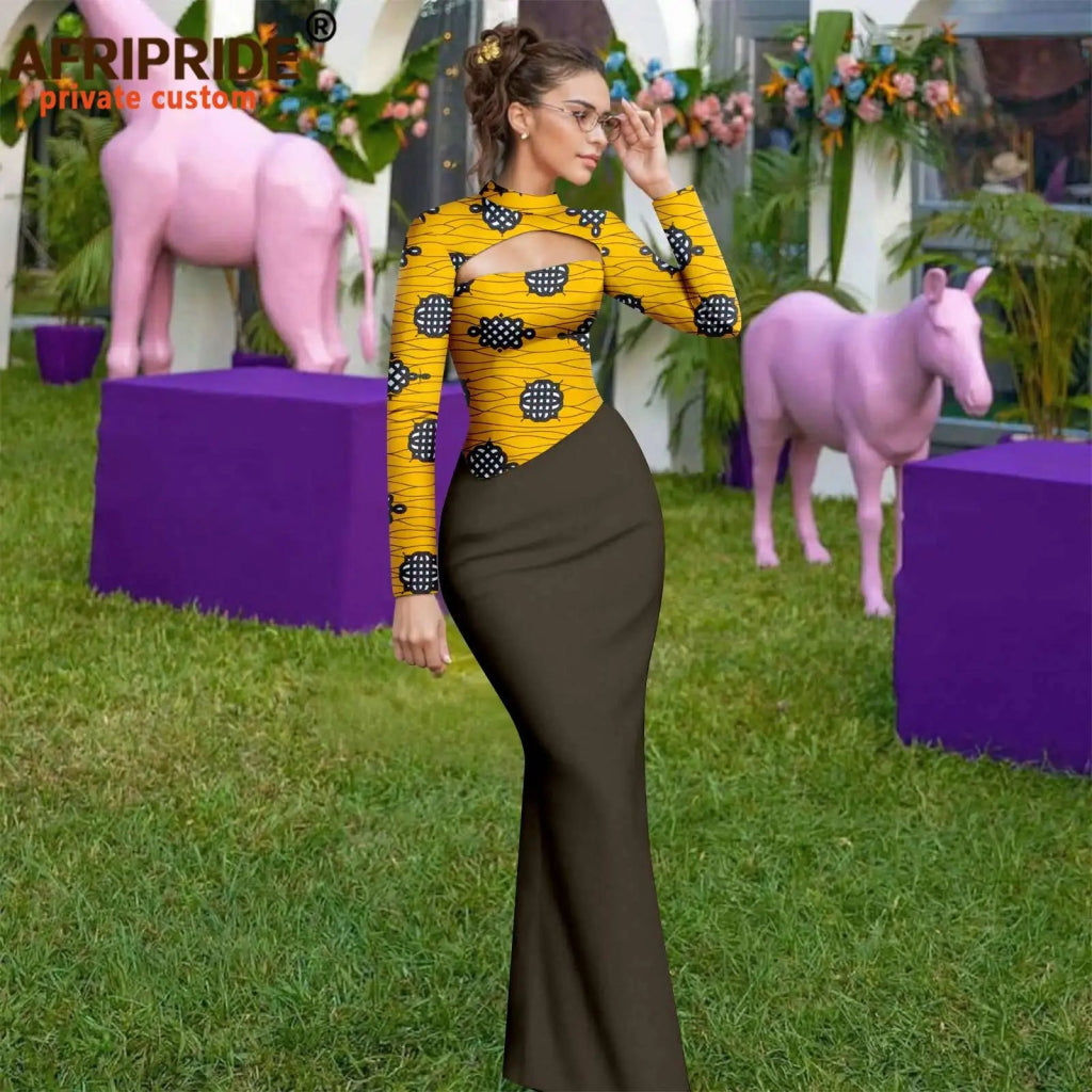 African Print Maxi Dress for Women – Ankara Full Sleeve High Neck Elegant Party Outfit - Free Delivery Worldwide only at Flexi Africa