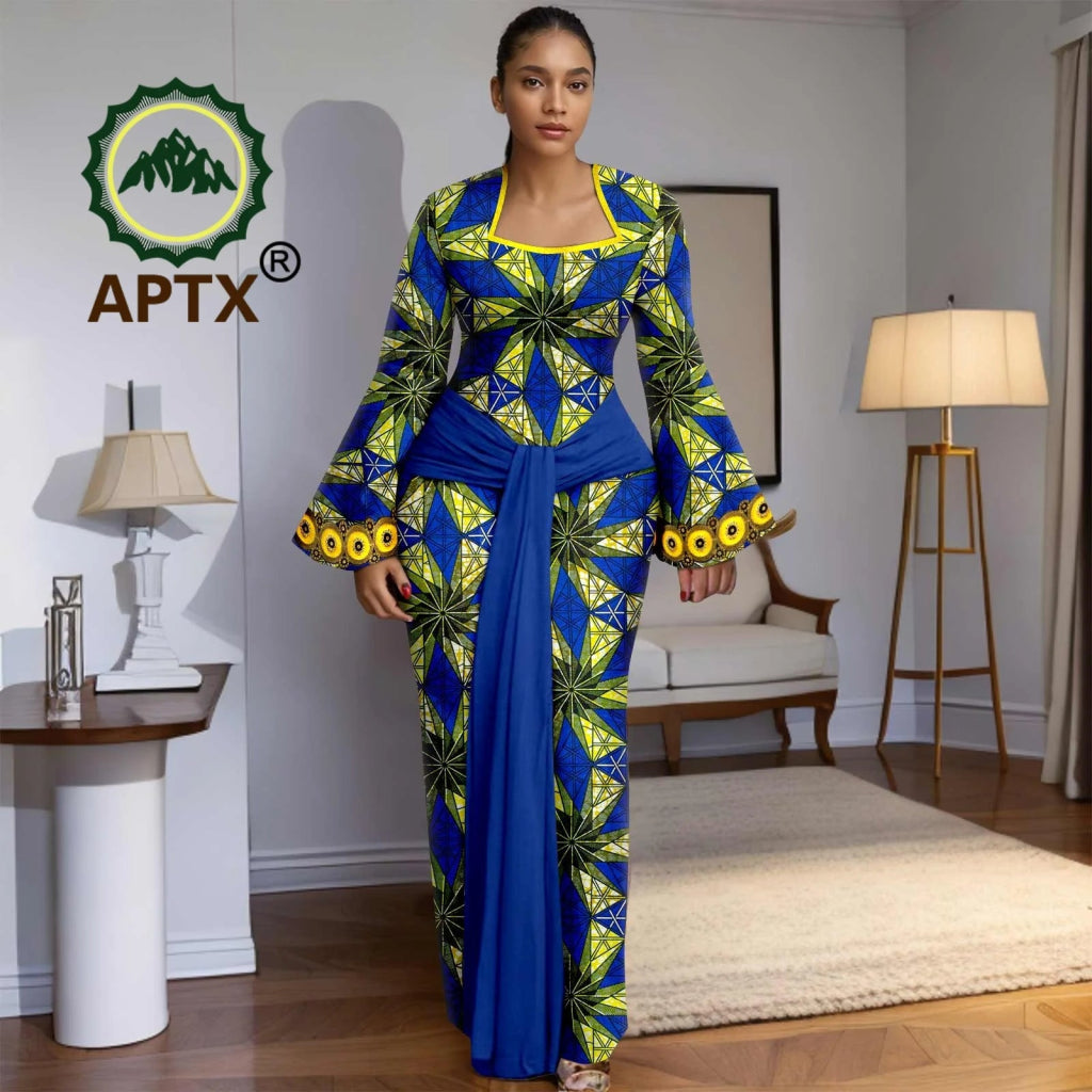 African Print Women’s Floor - Length Dress – Square Collar Long Sleeve Dashiki Gown with Belt - Free Delivery Worldwide only at Flexi Africa