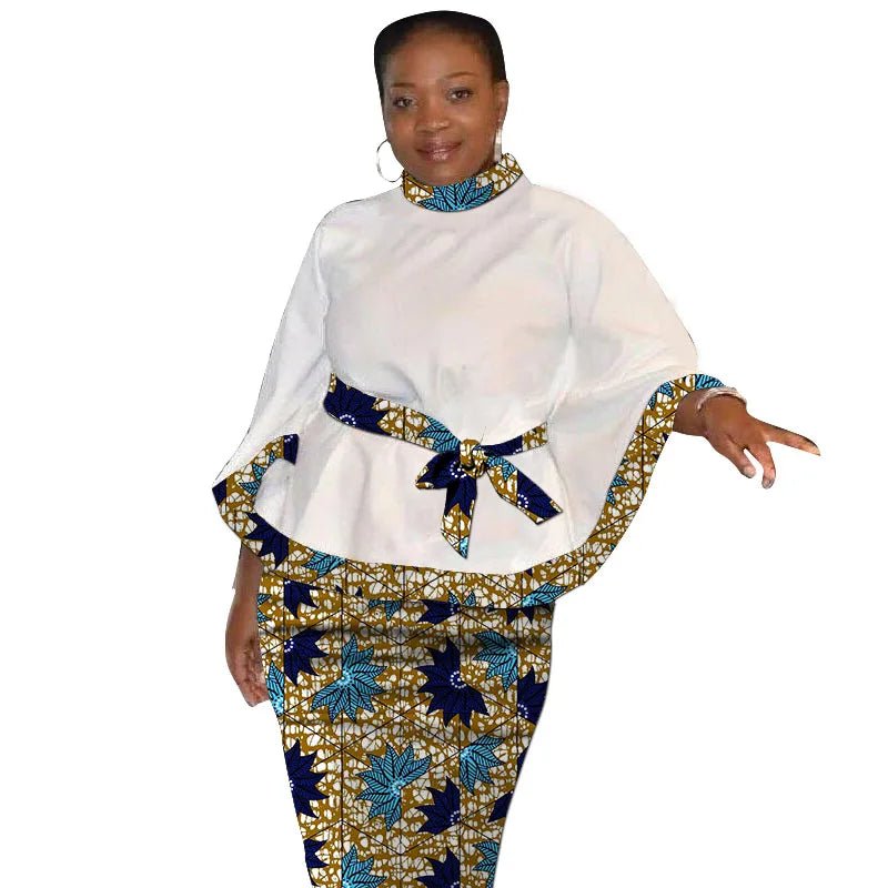 African Print Women’s Two - Piece Outfit – Tailored White Blouse and Belted Wax Skirt - Free Delivery Worldwide only at Flexi Africa