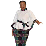African Print Women’s Two - Piece Outfit – Tailored White Blouse and Belted Wax Skirt - Free Delivery Worldwide only at Flexi Africa