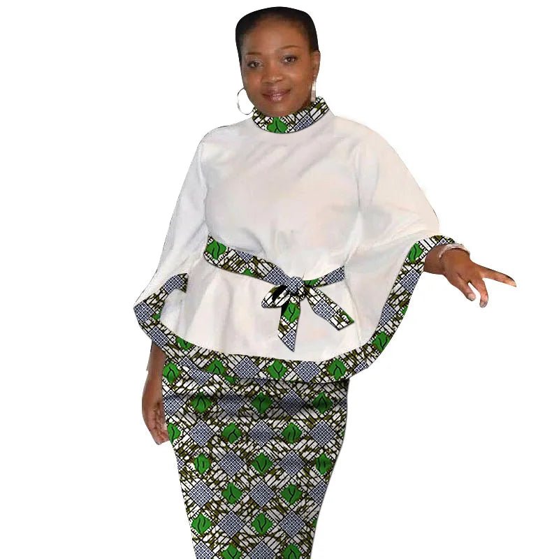 African Print Women’s Two - Piece Outfit – Tailored White Blouse and Belted Wax Skirt - Free Delivery Worldwide only at Flexi Africa