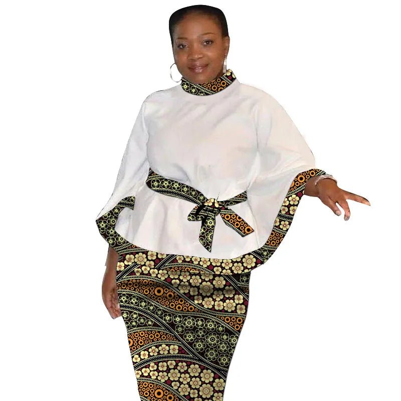 African Print Women’s Two - Piece Outfit – Tailored White Blouse and Belted Wax Skirt - Free Delivery Worldwide only at Flexi Africa