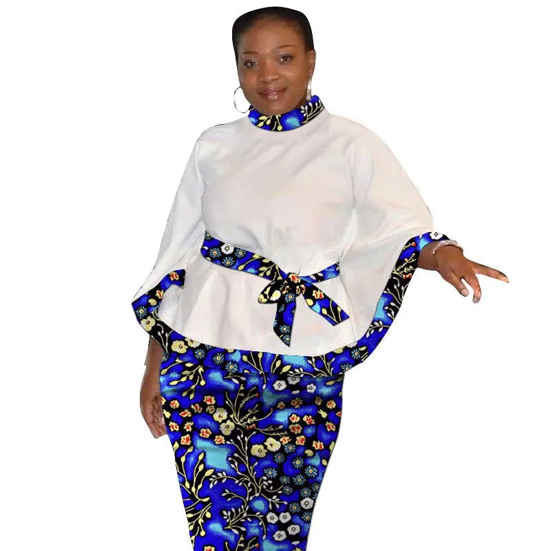 African Print Women’s Two - Piece Outfit – Tailored White Blouse and Belted Wax Skirt - Free Delivery Worldwide only at Flexi Africa