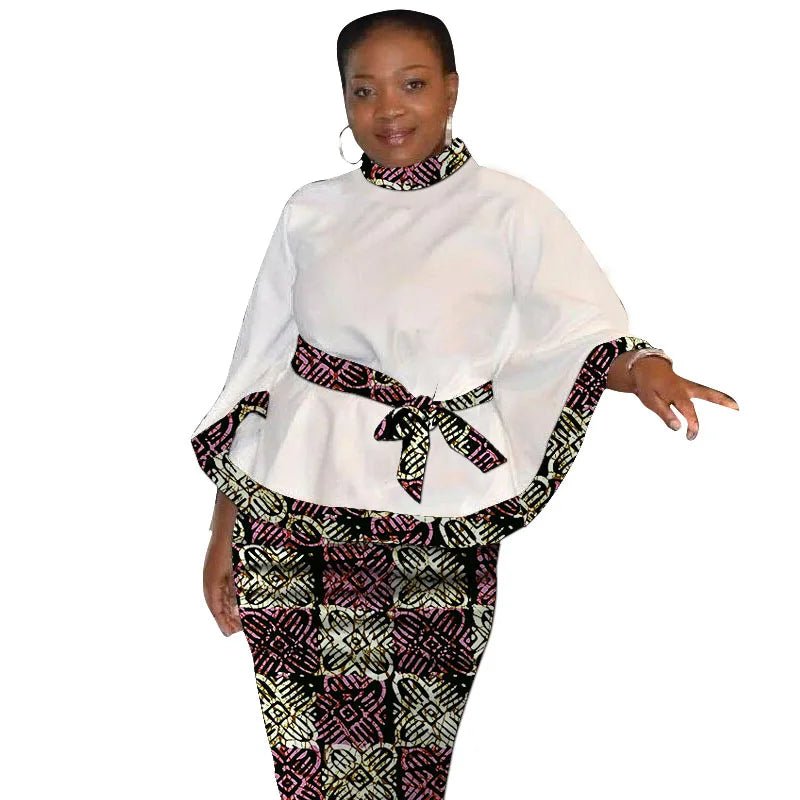 African Print Women’s Two - Piece Outfit – Tailored White Blouse and Belted Wax Skirt - Free Delivery Worldwide only at Flexi Africa