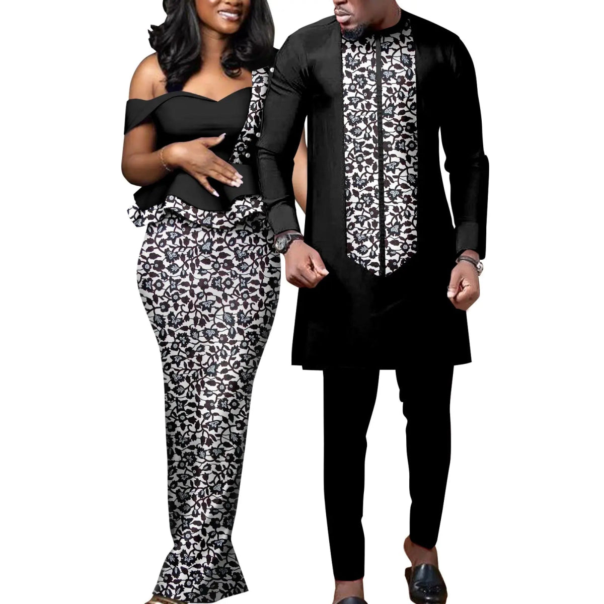 African Wedding Couple Set – Women’s Dashiki Print Dress & Men’s Kaftan Top and Pant Outfit - Free Delivery Worldwide only at Flexi Africa