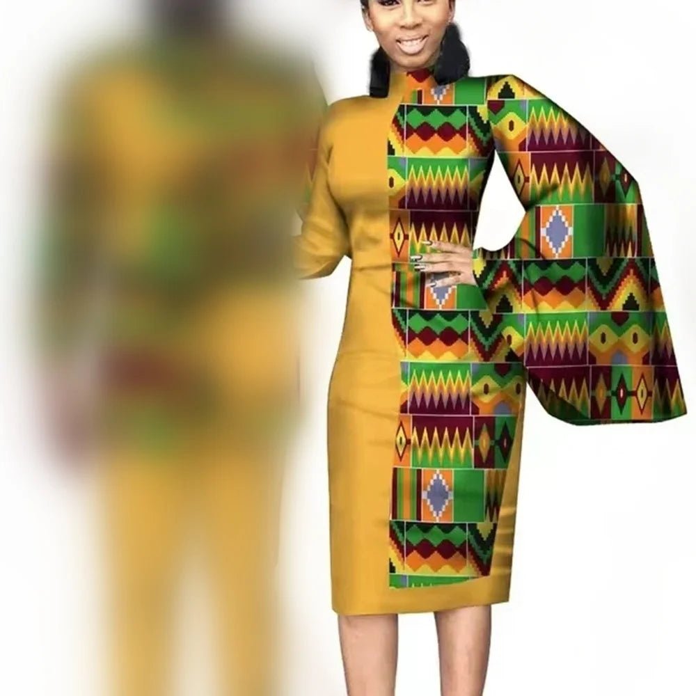 African Wedding Matching Outfit – Slim Women’s Dress and Men’s Patchwork Shirt with Pants - Free Delivery Worldwide only at Flexi Africa