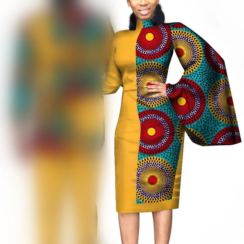 African Wedding Matching Outfit – Slim Women’s Dress and Men’s Patchwork Shirt with Pants - Free Delivery Worldwide only at Flexi Africa