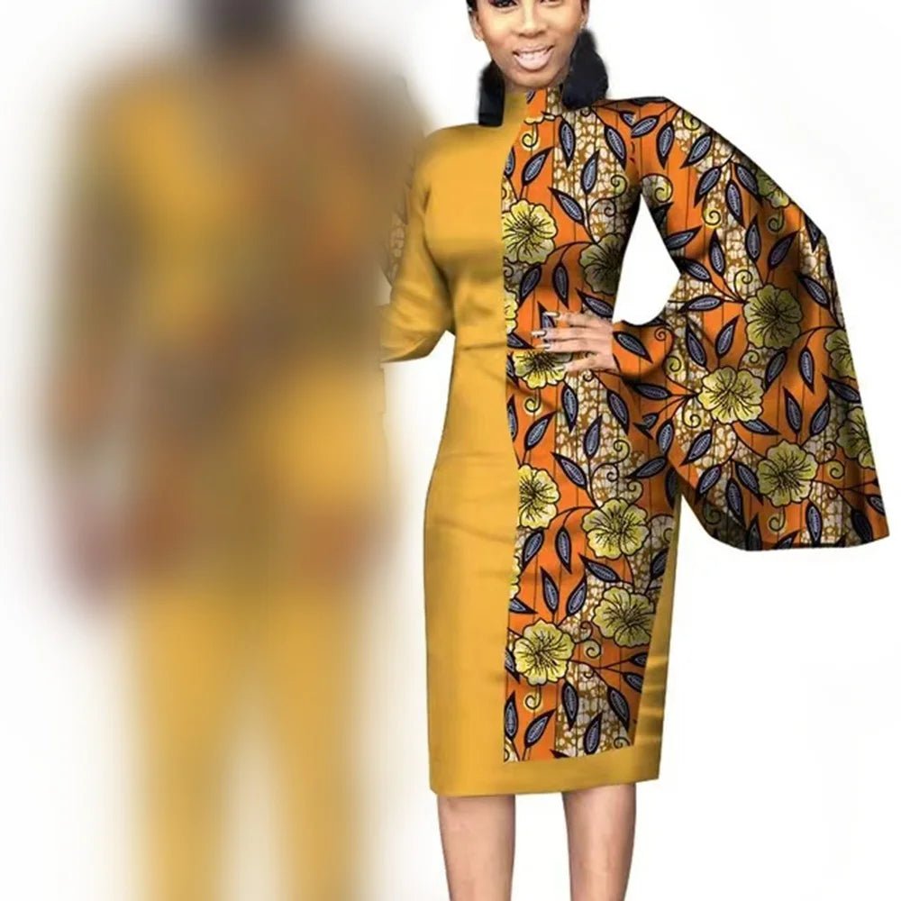 African Wedding Matching Outfit – Slim Women’s Dress and Men’s Patchwork Shirt with Pants - Free Delivery Worldwide only at Flexi Africa