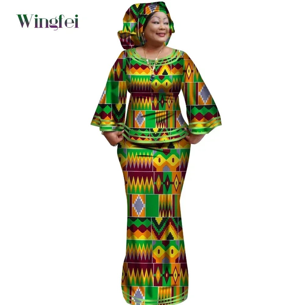 African Women’s Ankara Print 2PC Outfit – Long Sleeve Dashiki Top & Skirt Set with Matching Headwrap - Free Delivery Worldwide only at Flexi Africa