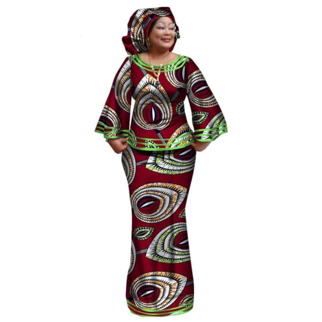 African Women’s Ankara Print 2PC Outfit – Long Sleeve Dashiki Top & Skirt Set with Matching Headwrap - Free Delivery Worldwide only at Flexi Africa