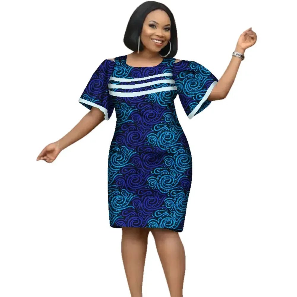African Women’s Cotton Wax Print Dress – Dashiki Short Sleeve O - Neck Pencil Dress - Free Delivery Worldwide only at Flexi Africa