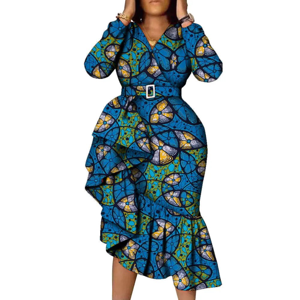 African Women’s Long Sleeve Dress – Wax Print Kitenge Ruffle Design with Irregular Hem Party Gown - Free Delivery Worldwide only at Flexi Africa