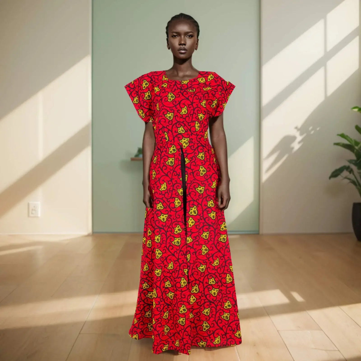 African Women's Long Trench Coat – Short Sleeve Bazin Riche Overcoat - Free Delivery Worldwide only at Flexi Africa