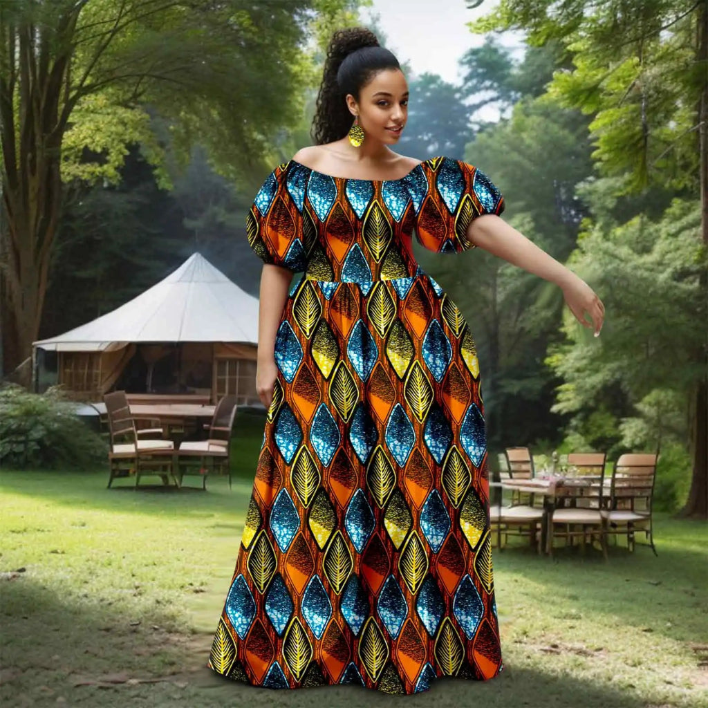 African Women’s Strapless Dress with Bubble Sleeves & Matching Earrings - Free Delivery Worldwide only at Flexi Africa