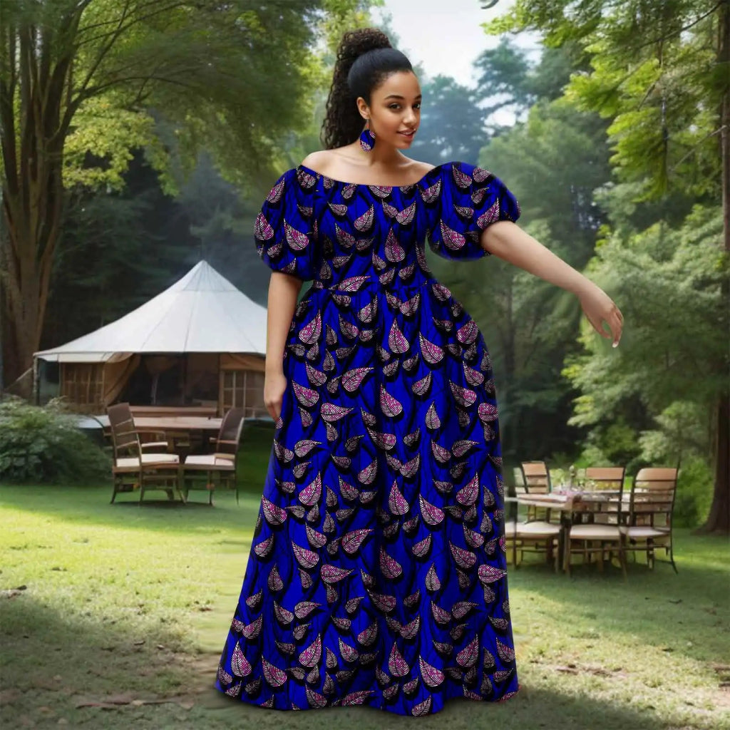 African Women’s Strapless Dress with Bubble Sleeves & Matching Earrings - Free Delivery Worldwide only at Flexi Africa
