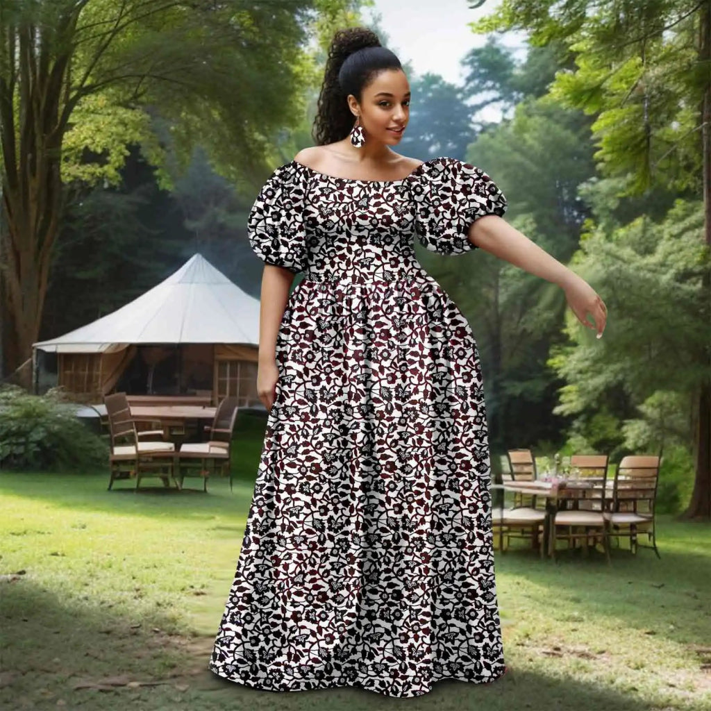 African Women’s Strapless Dress with Bubble Sleeves & Matching Earrings - Free Delivery Worldwide only at Flexi Africa