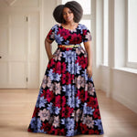 Batik Dress for Women – Short Sleeve Gold Stamped Design with Belt - Free Delivery Worldwide only at Flexi Africa