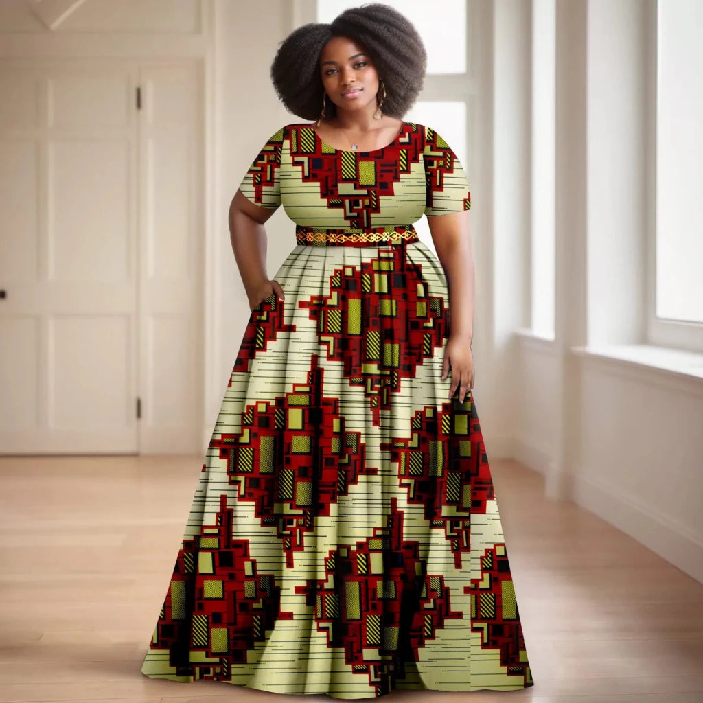 Batik Dress for Women – Short Sleeve Gold Stamped Design with Belt - Free Delivery Worldwide only at Flexi Africa