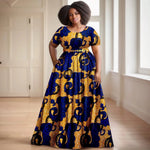 Batik Dress for Women – Short Sleeve Gold Stamped Design with Belt - Free Delivery Worldwide only at Flexi Africa
