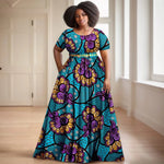 Batik Dress for Women – Short Sleeve Gold Stamped Design with Belt - Free Delivery Worldwide only at Flexi Africa