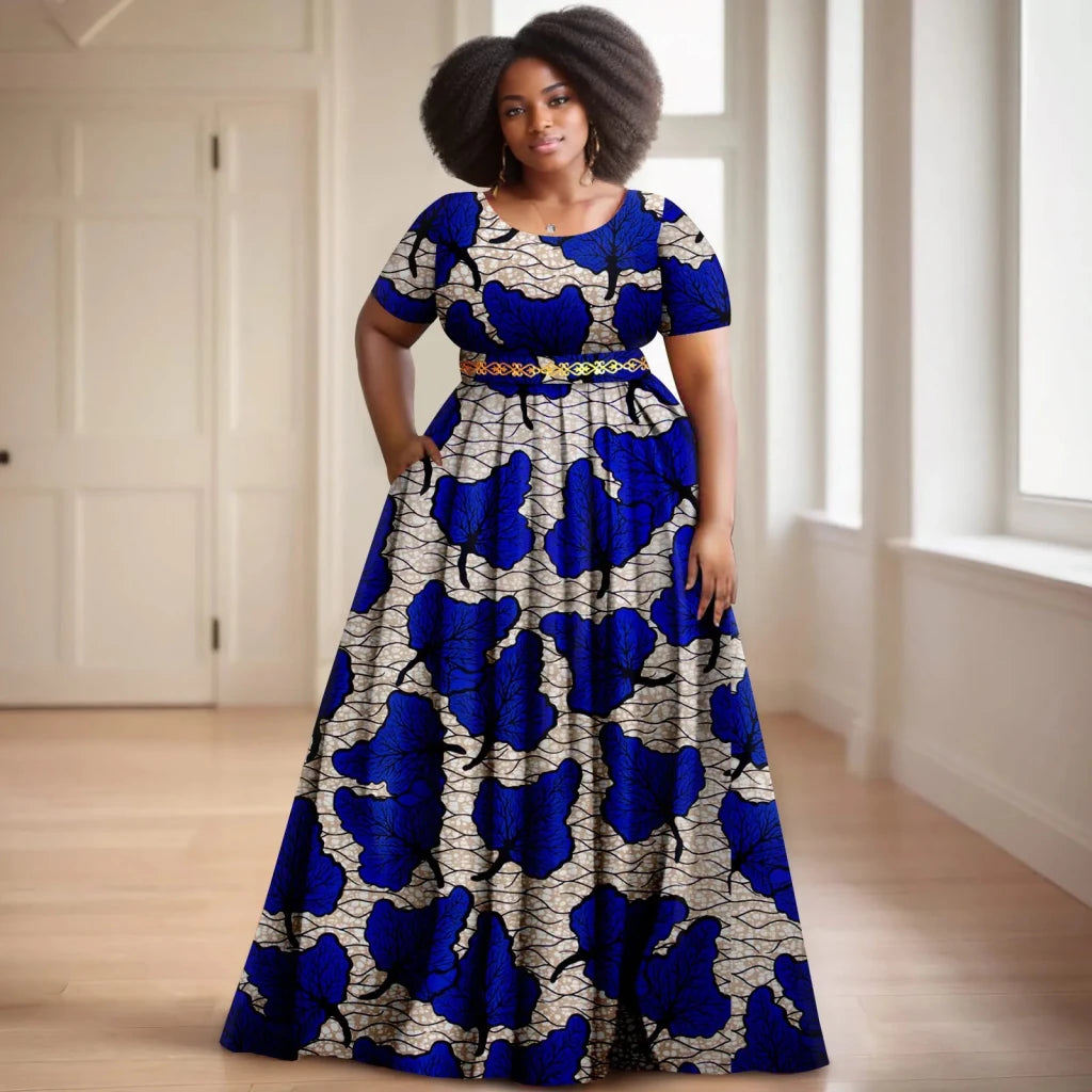 Batik Dress for Women – Short Sleeve Gold Stamped Design with Belt - Free Delivery Worldwide only at Flexi Africa