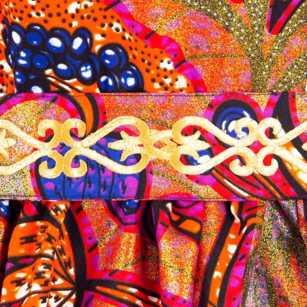 Batik Dress for Women – Short Sleeve Gold Stamped Design with Belt - Free Delivery Worldwide only at Flexi Africa