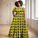 Batik Dress for Women – Short Sleeve Gold Stamped Design with Belt - Free Delivery Worldwide only at Flexi Africa