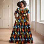 Batik Dress for Women – Short Sleeve Gold Stamped Design with Belt - Free Delivery Worldwide only at Flexi Africa