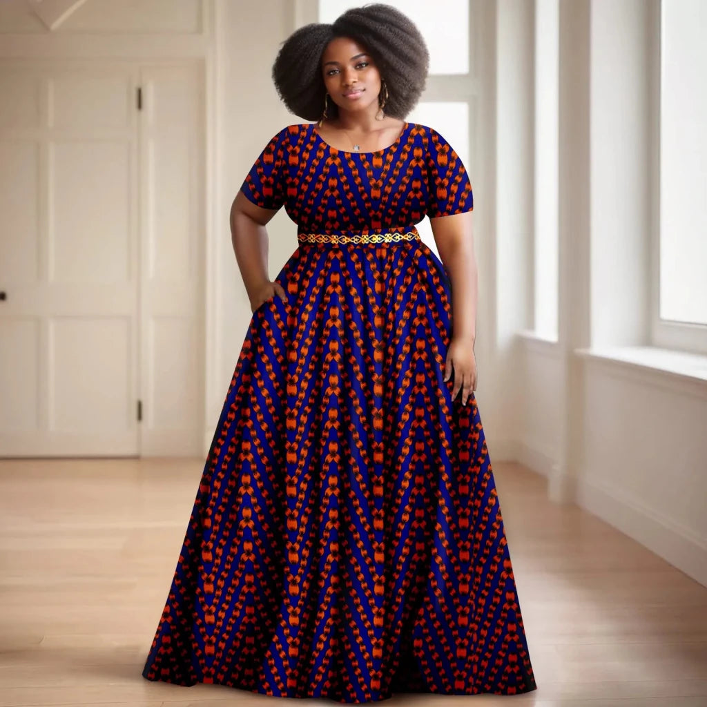 Batik Dress for Women – Short Sleeve Gold Stamped Design with Belt - Free Delivery Worldwide only at Flexi Africa