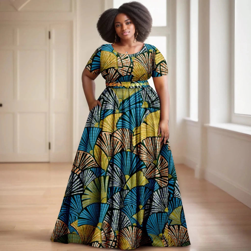 Batik Dress for Women – Short Sleeve Gold Stamped Design with Belt - Free Delivery Worldwide only at Flexi Africa