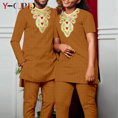 Bazin Riche Couple Outfit – Women’s Jacquard Top & Pants Set with Matching Men’s Kaftan Party Wear - Free Delivery Worldwide only at Flexi Africa