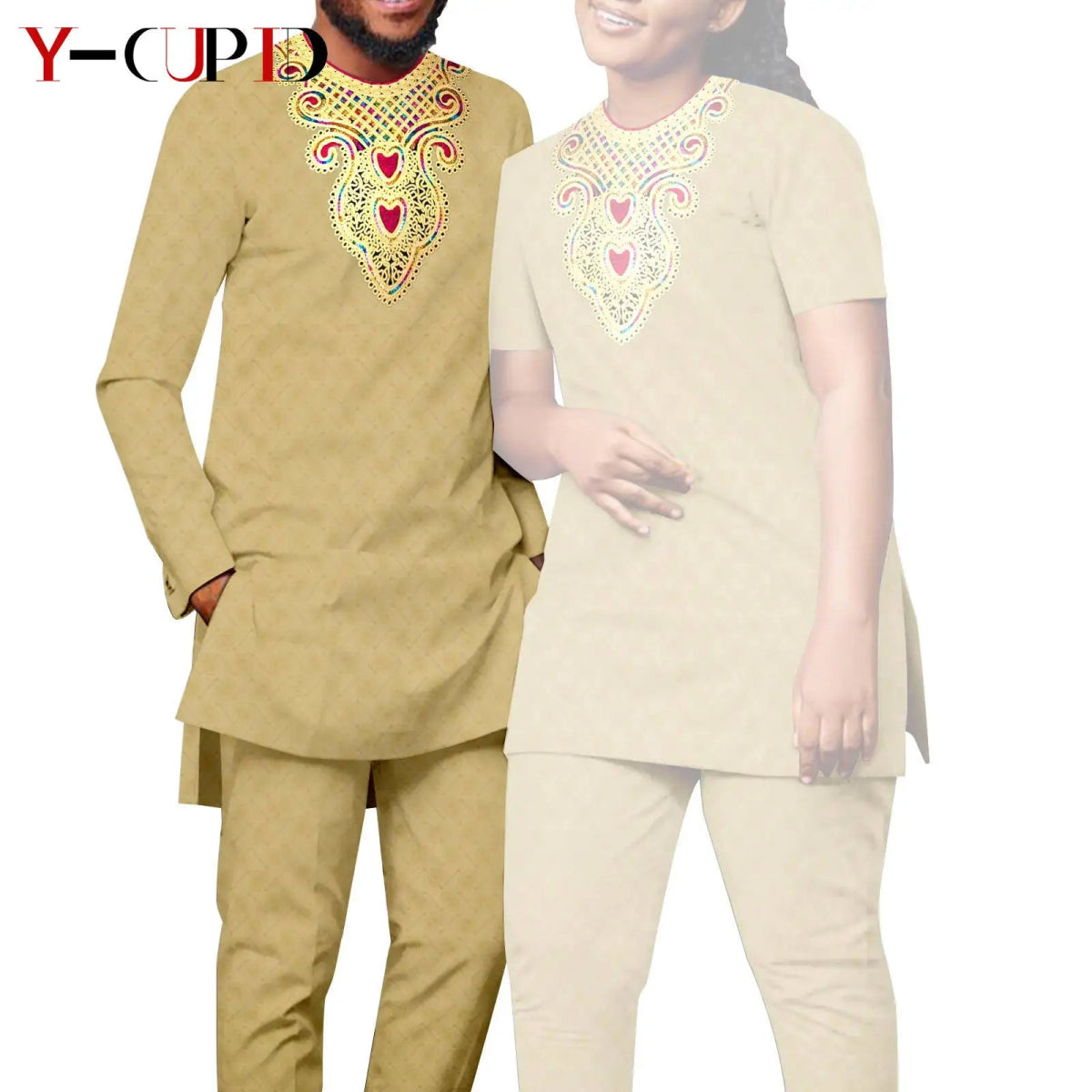 Bazin Riche Couple Outfit – Women’s Jacquard Top & Pants Set with Matching Men’s Kaftan Party Wear - Free Delivery Worldwide only at Flexi Africa